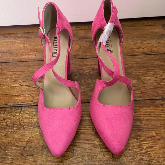 NWOT Chunky HERLS IDIFU 4in Chunky High Heels Pumps Closed Toe Block Strappy - Picture 5 of 15